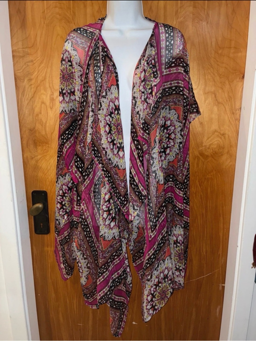 OSFM Sheer Mandala Print Boho Magenta, Cream, Tan, Brown, Yellow & Orange Kimono